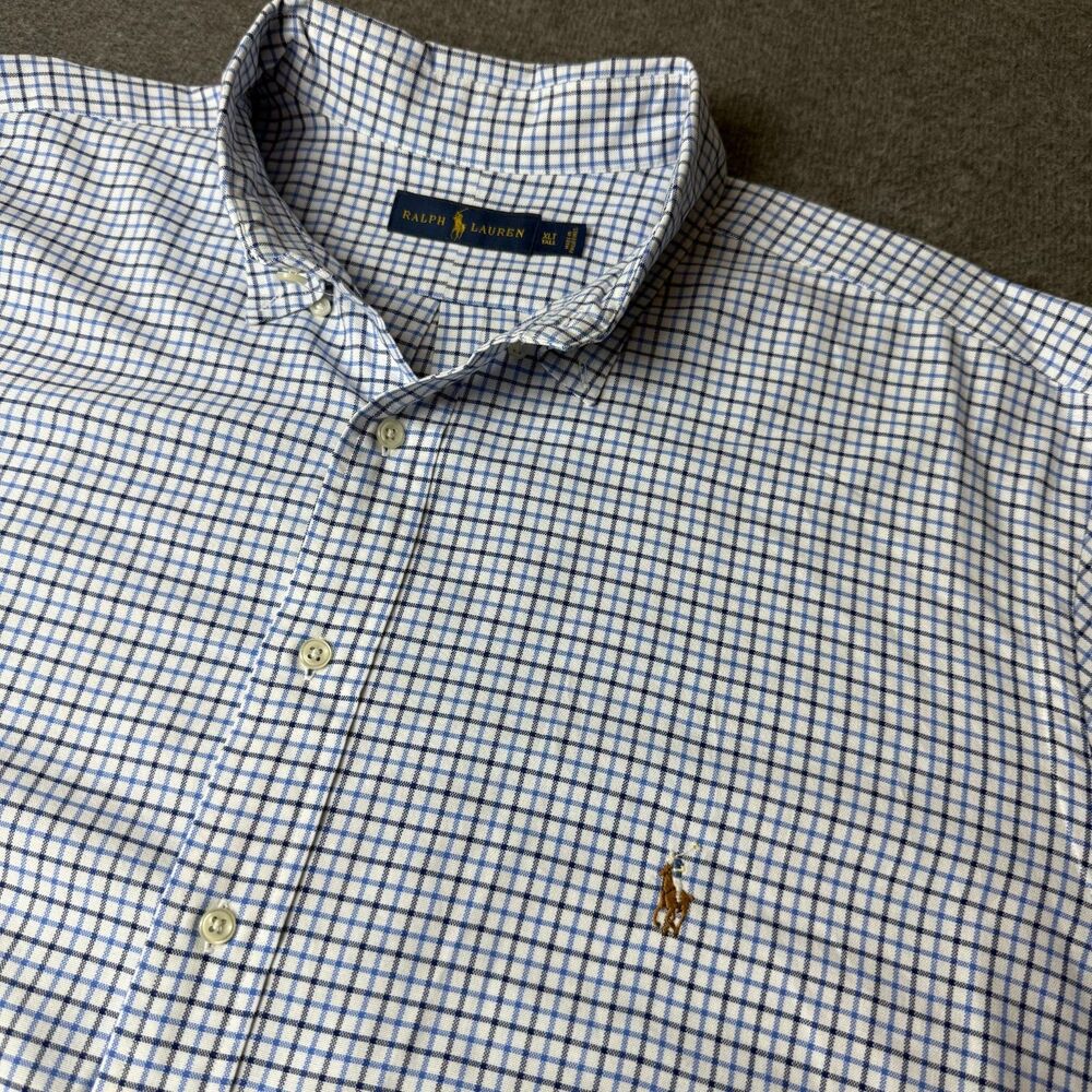 Ralph Lauren Men's XL Tall Blue/White Plaid Long Sleeve Button Down Shirt FLash